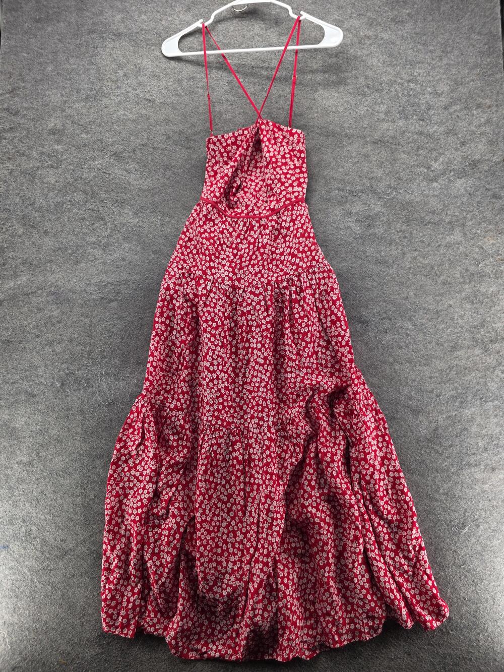 Aakaa Dress Womens S Red Cowl Neck Sundress Maxi Lined Strappy Floral Rayon